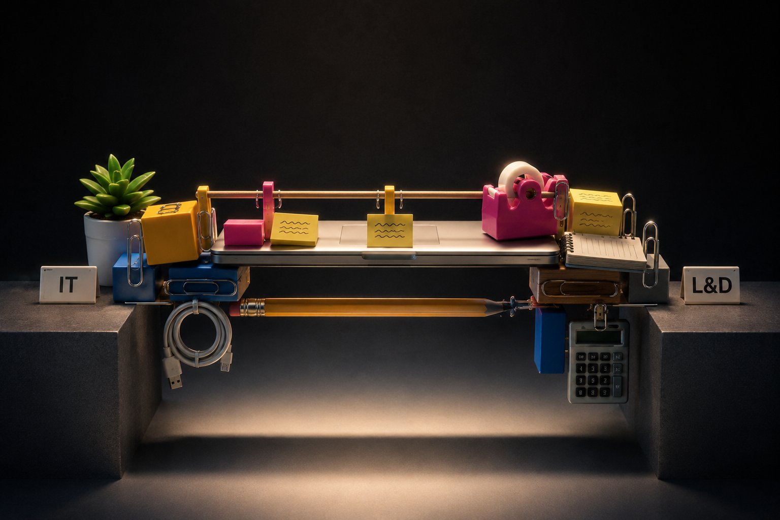 A bridge built from office supplies spanning IT and L&D