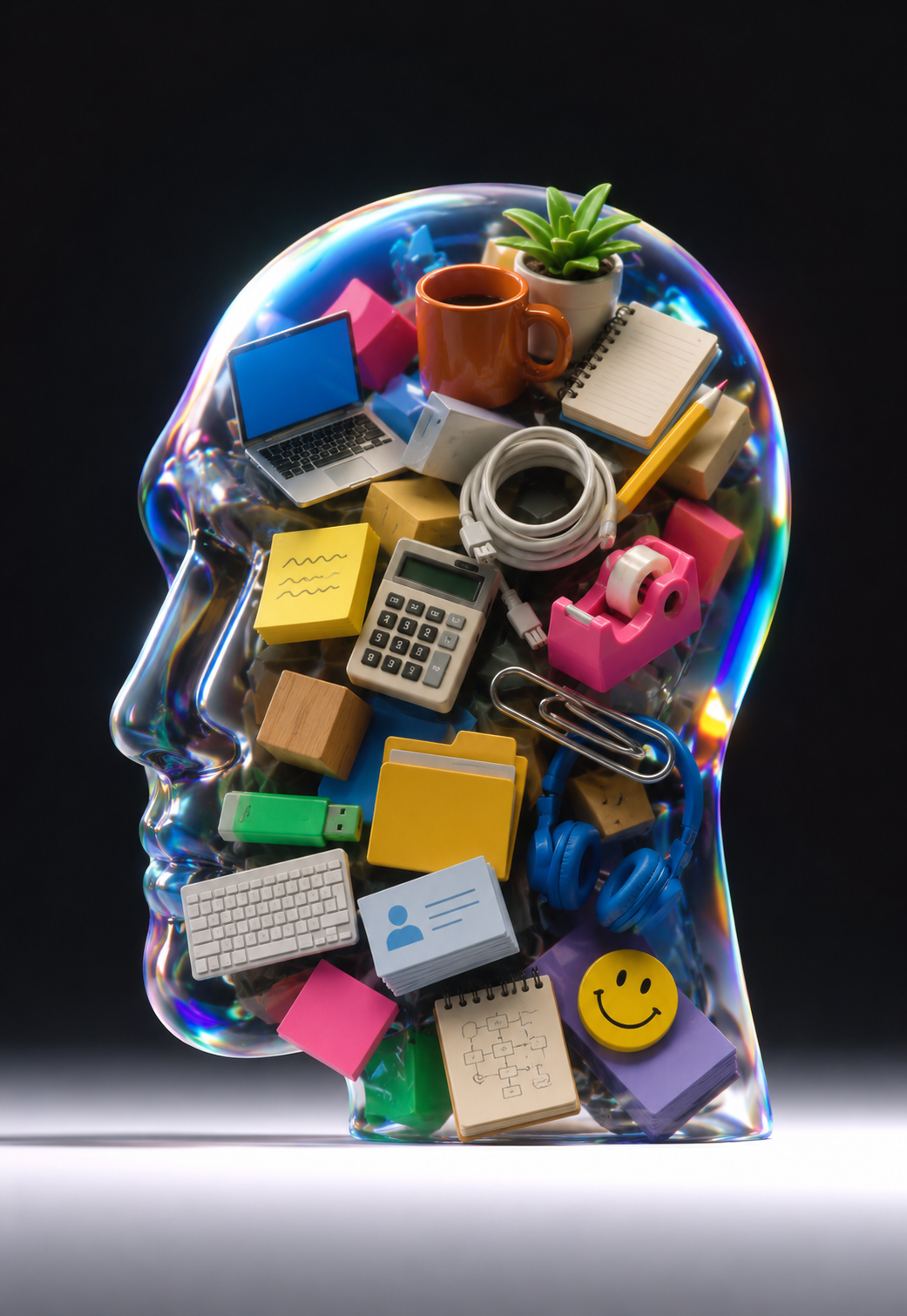 A translucent head filled with office tools and learning artifacts